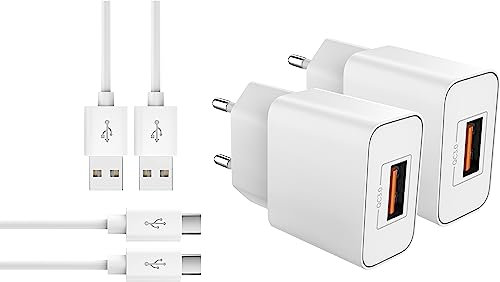 MyGadget 2x Caricatore Rapido & 2x USB C Cavo 1m - Caricabatterie Quick Charge 18W Alimentatore QC 3.0 per Samsung Galaxy S24 S23 - Bianco
