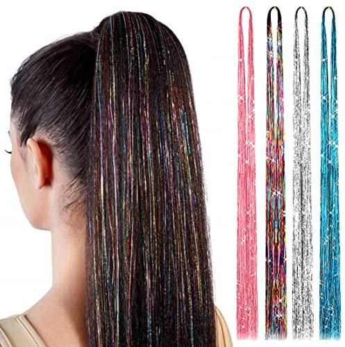 4 Farben Haar Lametta Stränge,Haarteil Haarverlängerung Strähnen Extensions,Hair Extensions Glitter Glitze Tinsel, für Weihnachten Halloween Party (Kein Werkzeug)