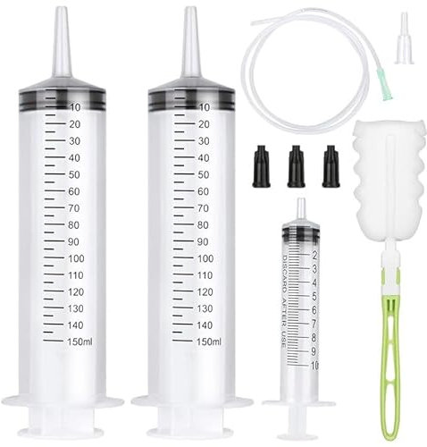 3 Stücke Spritze, Spritzen 150ml und 10ml, mit 100cm Schlauch aus PVC, 1 Flaschenbürste, Dosierspritze, Futterspritze, Ölspritze, Wiederverwendbare Spritze für Labor, Garten, Tiernahrung und Industrie