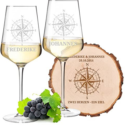 2X Leonardo Puccini Weingläser Weinkelch Glas 560 ml + Baumscheibe aus Erle mit personalisierter Gravur - Motiv Kompass - Hochzeitsgeschenk - Paare, Ehepaare - Liebe, Romantik - Present