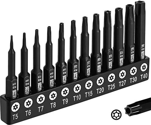 DAKCOS Torx Bit Set 12-teiliges T5, T6, T7, T8, T9, T10, T15, T20, T25, T27, T30, T40, Schrauber Bit Set Torx aus S2 Stahl, T-Profil mit bohrung, Länge: 50 mm