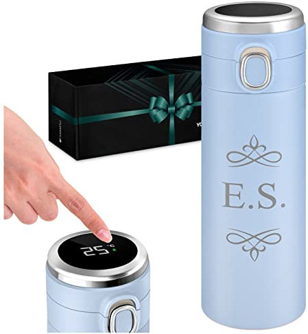 Maverton Blue Travel Mug with Engraving for Women - Personalised Coffee Cup Travel Mug - 400 ml Vacuum Insulated Flask - Insulated Tumbler Cup for Birthday - LED Temperature Display - Initials