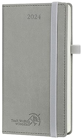 POPRUN Taschenkalender 2024 Klein 16,5 x 9 cm (Jan.2024-Dez.2024) - Kalender 2024 mit PU-Leder - Terminplaner, Planer 1 Woche 2 Seite mit Zertifiziertem Papier - Grau