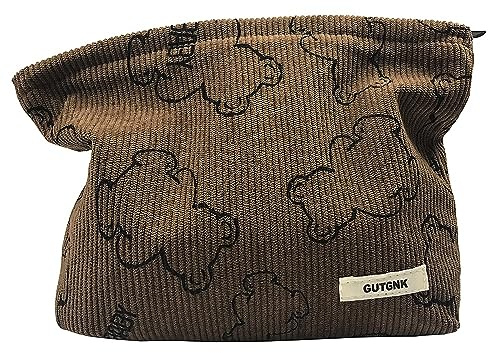Make-up-Tasche für Frauen, Cord-Kosmetiktasche, ästhetisches Design, Damen-Tragetasche, Federmäppchen für Mädchen, niedliches Smiley-Gesicht, Make-up-Organizer mit Reißverschluss, Braun
