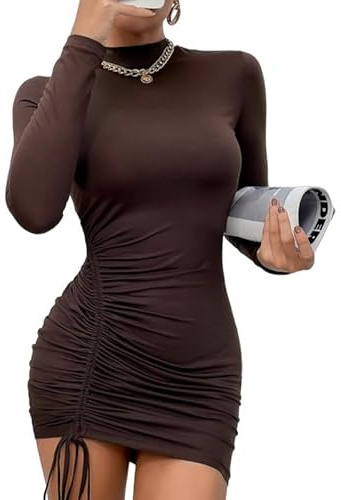Rongseng Robe Moulante à Manches Longues Sexy Chic pour Femmes - Mini Cordon De Serrage Plissée Courte Décontractée - Mode Élégante pour Soirée Cocktail Party Automne Hiver