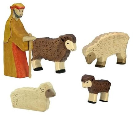 Hirte mit Schafherde | 5-teiliges Krippenfiguren Set | Holztiger | Weihnachtskrippen Zubehör