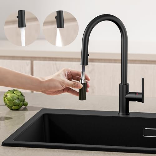 CECIPA Hochdruck Wasserhahn Küche Schwarz, Ausziehbar Küche Mischbatterie mit Kehrspray Wasserstrahlarten, Edelstahl Spültischarmatur 360° Schwenkbar