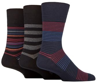 SockShop Gentle Grip Mens Striped Socks Patterned Stripey, Soft Honeycomb Top Comfort Cuff, 6-11 Pack of 3 - Regal Stripe Black/Charcoal