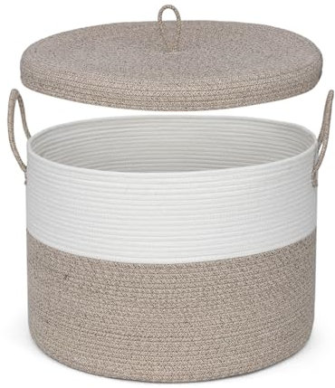 ORGMASTER Large Laundry Basket with Lid, Cotton Rope Laundry Hamper Foldable Storage Organizer Bin Blanket Basket for Comforter, Cushions, Clothes, Pillows, 52 x 52 x 38 cm, Brown/White