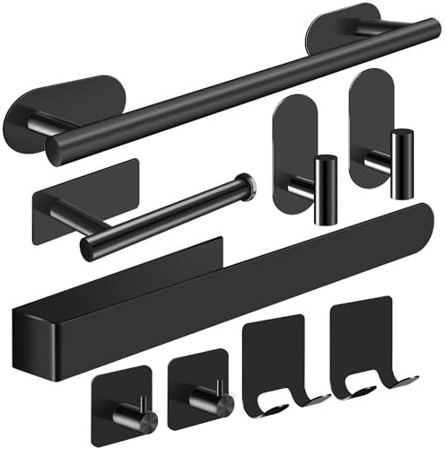 Toalleros de Baño Sin Taladro, 9PCS Accesorios Baño Toalleros de Baño, Toallero Adhesivo de Acero Inoxidable SUS304, Kit Accesorios para Baño con Toallero Baño Portarrollos Papel Higienico