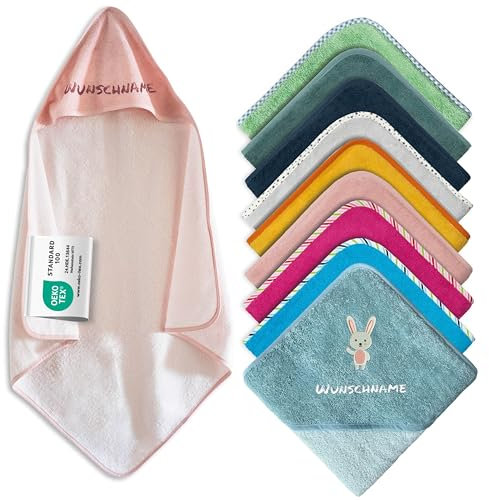 Kapuzenhandtuch Baby mit Namen Bestickt, Oeko-TEX® Standard 100 - Personalisiertes Babyhandtuch mit Kapuze aus Reiner Baumwolle mit gesticktem Namen und Motiv (Rosa, 100 x 100 cm)