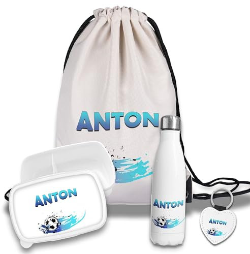 Kinder Schulset Brotdose, Trinkflasche, Turnbeutel personalisiert mit Namen | Set Wasserflasche Edelstahl | Lunchbox mit Trennwand | Geschenk zur Einschulung & Kindergarten | 11 - Fussballer blau