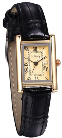 JewelryWe Uhren Damen Leder Rechteckig: Vintage Analog Quarz Armbanduhr Frauen Schwarz Leder Armband Uhr Kleine Damenuhr mit Gold Rechteck Römischen Zahlen Zifferblatt