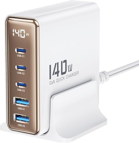 USB C Ladegerät, 140W 5-Port GaN USB C Mehrfach Ladegerät mit LED Display, Schnellladegerät PD 3.0 mit USB-C und USB-A Charger Power Netzteil für MacBook, iPhone 16 Pro Max, iPad, Samsung, Handys