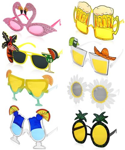 JOLIGAEA 8 Paires Hawaïennes Lunettes de Fête, Lunettes de Soleil Tropicales Hawaïennes, Lunettes Drôles, Nouveauté Lunettes Photo Prop, Lunette Fantaisie Décoratives pour Adultes et Enfants