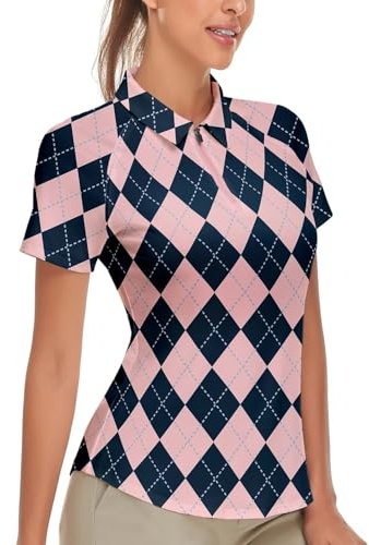 Soneven Golf Poloshirt Damen Kurzarm Tennis Sportshirt Damen t Shirt Rosa Blau-diamantgitter XL