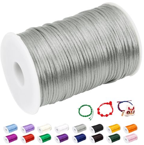 CAMAL 2mm Fil Nylon pour Bracelet, 100m Fil Bracelet Cordon Satin Cordon Bracelet Coulissant Coloré Cordon Collier pour Pendentif, Perles, Creation Bijoux, DIY Artisanat (Gris Argent)
