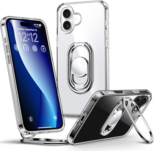 SHIELDS UP für iPhone 16 Hülle, Handyhülle mit Doppeltem Ring Halter Ständer 360°【Verstellbar und Faltbar】 Stoßfeste Schutzhülle für iPhone 16 Case – Transparent