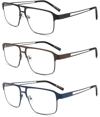MODFANS 3er-Pack Lesebrille Herren Blaulichtfilter Metallrahmen Rechteck Stil Edelstahl Material