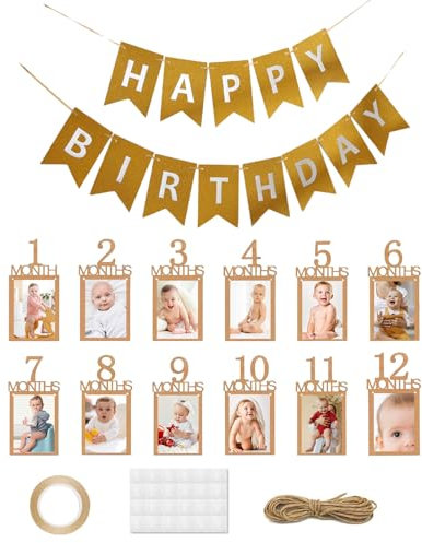 Luckwaii Foto Girlande Geburtstag Girlande Fotogirlande 1. Happy Birthday, Baby Erster 1. Geburtstag Foto Banner für 1 bis 12 Monate Happy Birthday Banner für Party DIY Dekoration