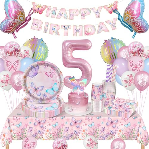 YIMAKJ Mariposas CumpleañOs DecoracióN 5 AñOs, Platos CumpleañOs NiñA, Vajilla CumpleañOs Niños, 84 Piezas Juego De Vajilla con Mantel, Globo, Plato para Deco CumpleañOs NiñA 5 AñOs 16 Invitados