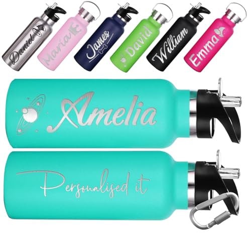 Qingxily Gourde Personnalisable Isotherme 350/750ml Acier Inoxydable avec Prenom Gravé et Logo Idéale pour École, la Gym Sport Extérieur avec Couvercle Paille Offert
