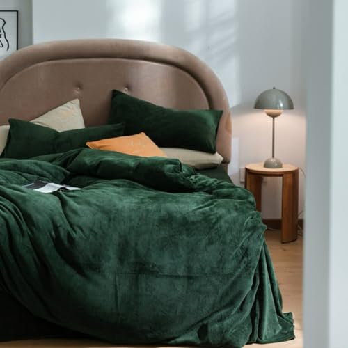 Covebett Winter Warme Bettwäsche 135x200 Grün Dunkelgrün Flanell Cashmere Touch Plüsch Winterbettwäsche 2teilig, 1 Flauschig Coral Fleece Bettbezug mit Reißverschluss und 1 Kissenbezug 80x80