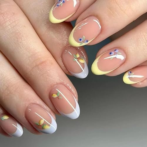 30pcs French Tip False Nails Short Almond Press on Nails Yellow Edge Fake Nails Blue Berry Mango Stick on Nails Removable Glue on Nails Acrylic Full Nail Tips Women Nail Art Accessories