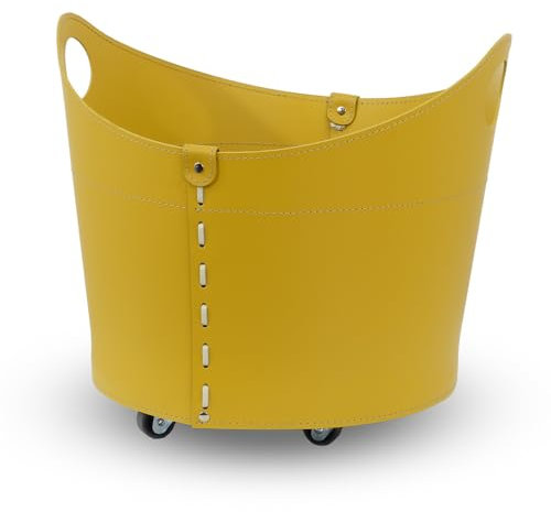 LIMAC Design CADIN portalegna in cuoio, borsa porta legna da interno, cesto per legna da ardere, con ruote gommate, lavorazione artigianale, prodotto in Italia. (Giallo Ocra)