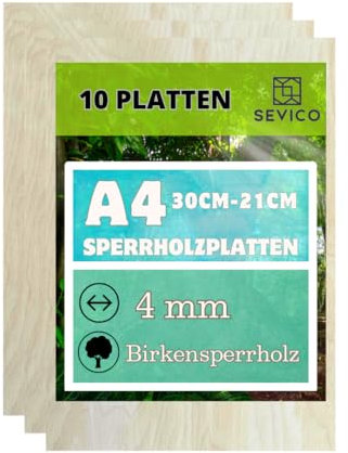 Sperrholzplatten 3-6mm | Multiplex Zuschnitte A3 (42x30cm), A4 (30x21cm) & 60x40cm | Ideal für Modellbau, Laserschnitt, Basteln | Hochwertige Birkenholz Qualität SEVICO