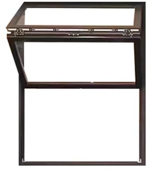 Finestra di servizio del basamento della concessione, con ante a soffietto superiori e inferiori in vetro temperato da 5 mm e telaio in lega di alluminio, apertura verso l'esterno 80 x 70 cm