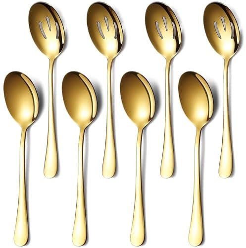 8 Pieces Gold Serving Spoons,Stainless Steel Serving Serving Spoons Set Include 4 Serving Spoon and 4 Slotted Spoons