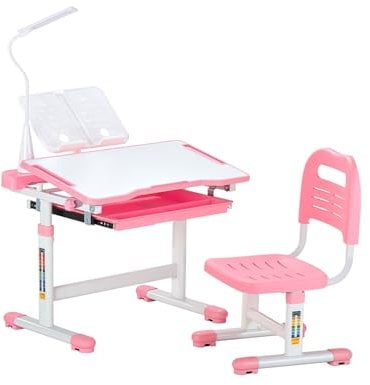VEVOR Schreibtisch Set Kinderschreibtisch Arbeitstisch und Stuhl höhenverstellbar (53-71 cm) belastbar (100 kg) mit Tischlampe & 0–40° geneigten Schreibtischplatte für Schlafzimmer Rosa