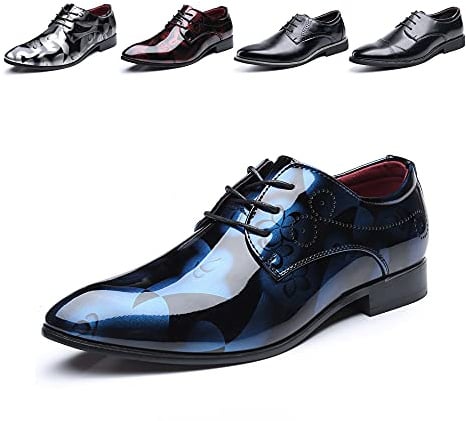 Hitmars Derby Shoes for Men Business Oxford Shoes Brogue Patent Leather Mens Dress Shoes Lace-Ups Formal Slip-On 1 Blue UK 10