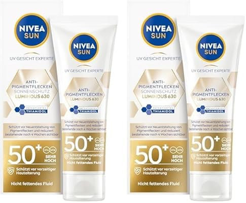 NIVEA SUN UV Gesicht Experte Anti-Pigmentflecken Sonnenschutz LSF 50+, nicht fettendes Sonnencreme Fluid mit patentiertem Thiamidol, Gesichtspflege mit Hyaluron und Vitamin E (40 ml) (Packung mit 2)