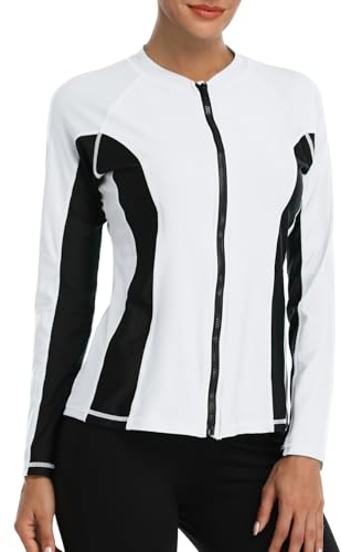 Charmo Women's UPF 50+ Long Sleeve Zipper Rash Guard UV Sun Protective Swim Top White/Black S