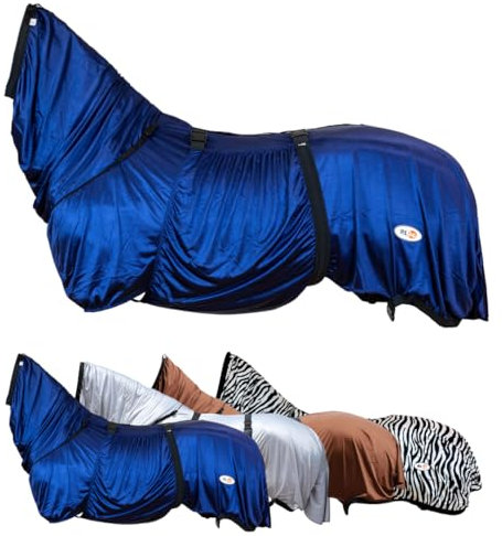 RL24 - Ekzemerdecke mit Halsteil & Bauchlatz – Fliegendecke z. Schutz vor Insekten – feinmaschiges Gewebe, doppelter Frontverschluss & Beinschnüre – Outdoor-Pferdedecke in Nachtblau – 115cm