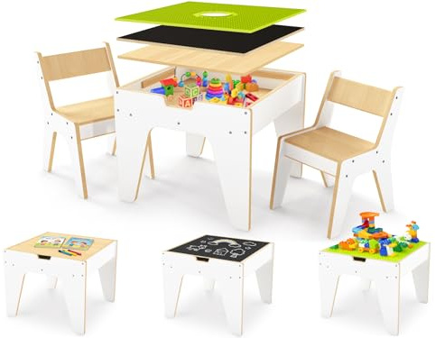 WINGYZ 4-in-1 Multifunktionale Sitzgruppe Kinder Tisch Stuhl Set aus Holz, Wendbarer Kindertisch mit 2 Stühlen, Kindertisch mit Stauraum für Mädchen Jungen Maltisch Aktivitätstisch Spieltisch