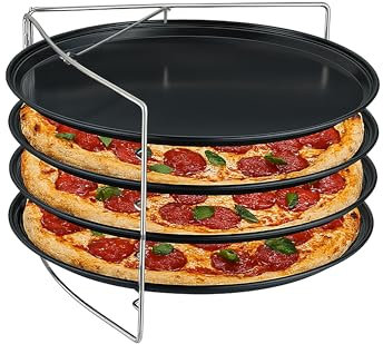 Relaxdays Pizzablech, 4er Set, mit Gestell, antihaftbeschichtet, Carbonstahl, rundes Pizzabackblech, anthrazit/Silber