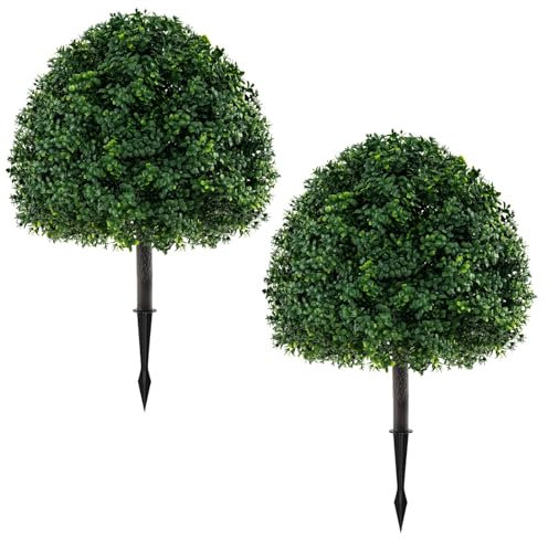 COSTWAY Artificial Topiary Ball Tree Set of 2, Faux Plants with Ground Spike, Indoor Outdoor Decorative Fake Greenery Topiary Plant for Home Office (70cm Boxwood Tree)