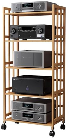 Étagère Hi-Fi mobile en bambou - 5 étages sur roulettes - Meuble audio ouvert pour composants stéréo, amplificateurs et médias - 158 cm de haut - Élégant et fonctionnel