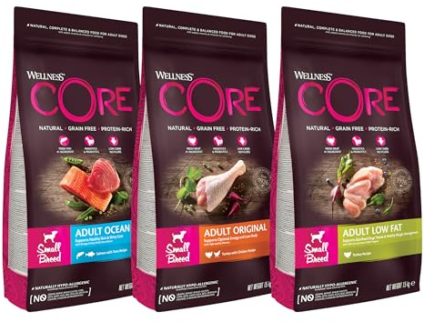 Wellness CORE Probierpaket, Small Breed, Hundefutter trocken für ausgewachsene Hunde Kleiner Rassen, 3 x 1,5kg, ohne Zuckerzusatz, getreidefrei, mit hohem Fleischanteil