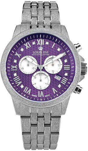LOUIS XVI Aramis Frosted 2.0 3624 - Ø 43 mm - Herren Uhr - Wasserdicht - Armband Silber - Zifferblatt Purple Rush mit Diamanten - Schweizer Quarzwerk