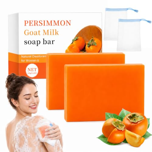 Kaki Seife, 2 Stück Persimmon Soap, Kaki Kernseife Natur, Badeseife | Feste Seifen für Männer Frauen, Peeling, Tiefenreinigung, Feuchtigkeitsspendend, Glättend mit 2 Einem Schaumnetz