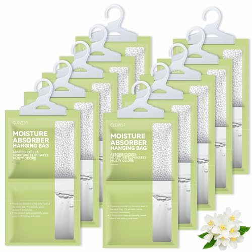 CLEVAST Absorbeur d'Humidité 10 x 230g, Déshumidificateur Suspendu avec Parfum pour Placard, Armoires, Chambres, Salles de Bain (Jasmin)