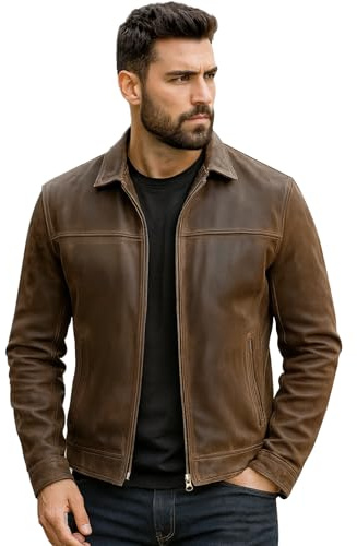 Vintage Mens Cafe Racer Biker Leather Jacket-New Men Genuine Leather Jacket | Real Leather Jacket, Classic Style, Front Zipper Closure, Side Pockets, Motorcycle Style Jacket