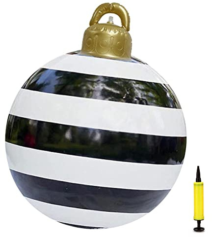 Extra große Weihnachtskugeln, riesige PVC-aufblasbare Weihnachtskugeln, aufblasbare Weihnachtsdekorationen, Urlaubsparty- für drinnen und draußen, 60 cm (Schwarz-Weiß-Streifen)