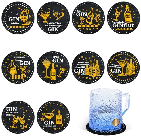 Filzuntersetzer Gin Set 10 Stück mit Ginsprüchen, Schwarze Glasuntersetzer für Ginliebhaber und Gintrinker, Hitzebeständig und Waschbar, Perfekt als Gin Geschenk für Geburtstag Party oder Bar Zubehör