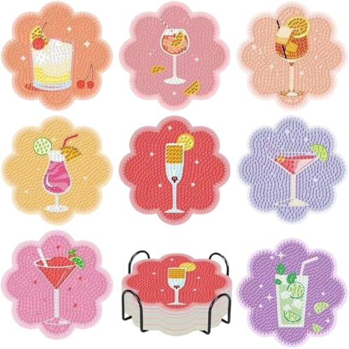 8 Pcs Cocktail Diamond Art Coasters Kits with Holder, 5D Diamond Painting Coasters Kits, for Tabletop Protection and Gifts, for Drinks Coffee Table for Beginners Adults Decors