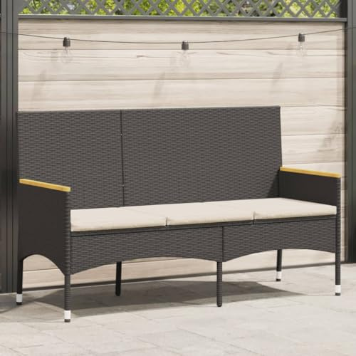 Mokuyary Gartenbank 3-Sitzer mit Kissen Schwarz Poly Rattan Sitzbank Parkbank, Balkonbank Outdoor Bank für Garten Terrasse Balkon